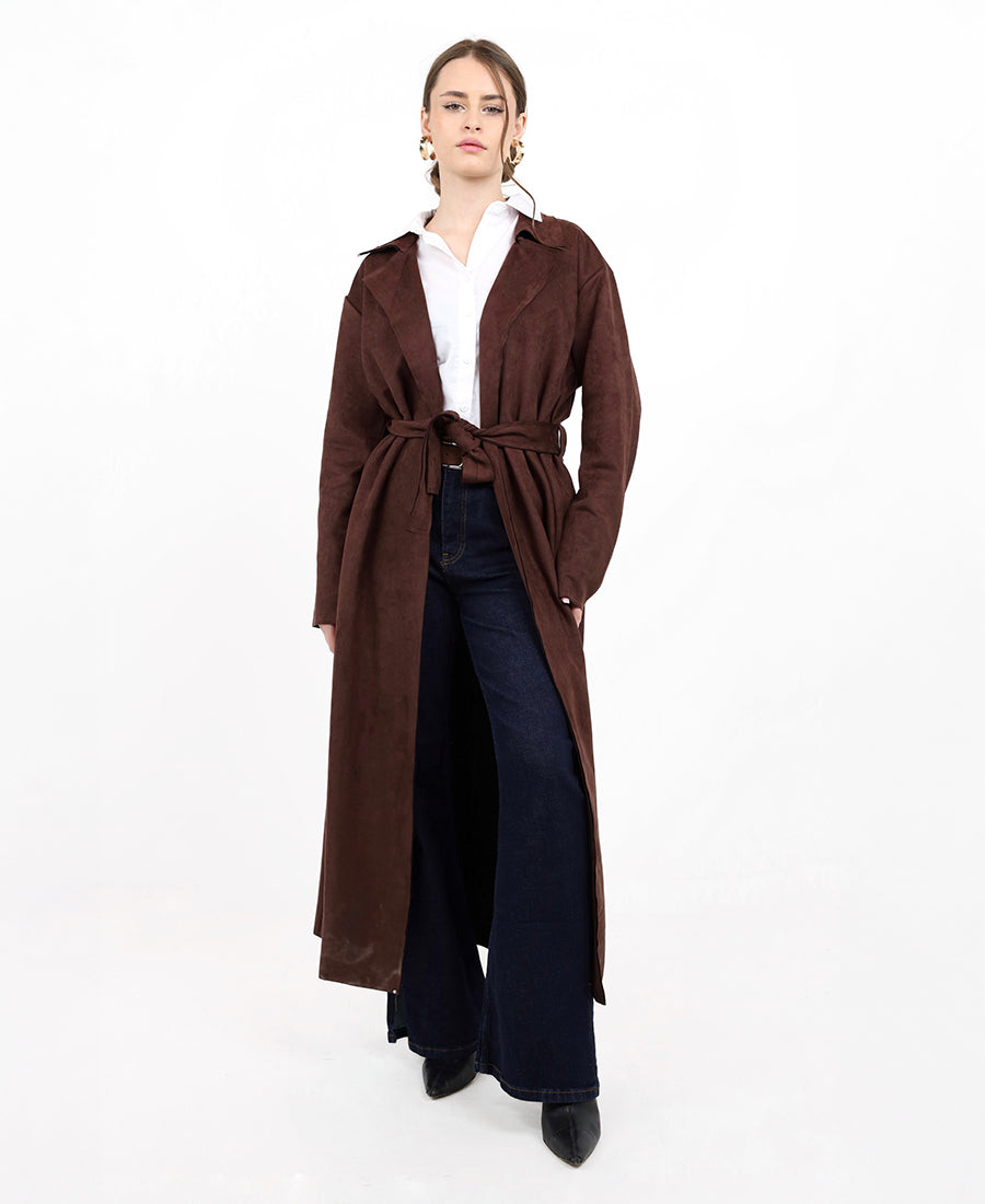 Long suede jacket with waist tie