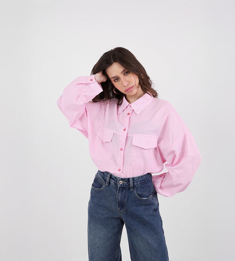 Pink striped shirt with a front pocket