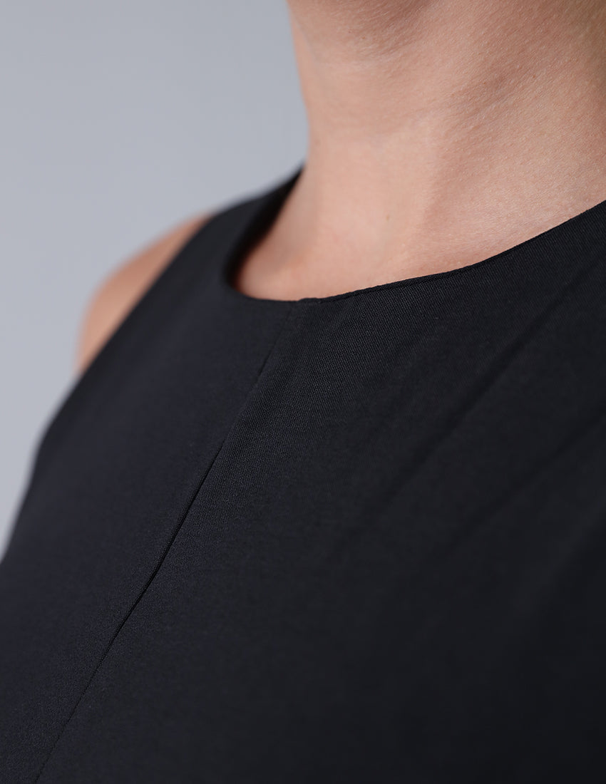 Black wide leg jumpsuit, sleeveless, with a waist tie.