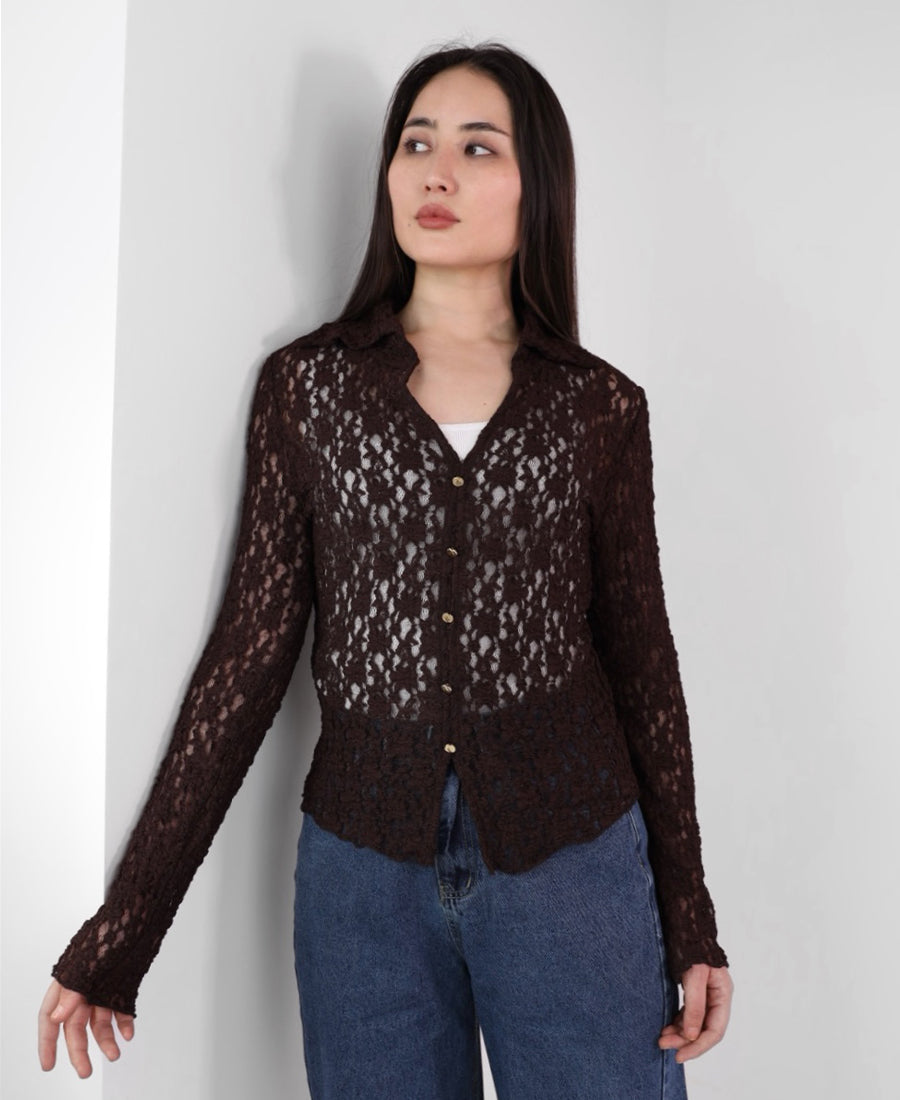 Brown lace button up blouse