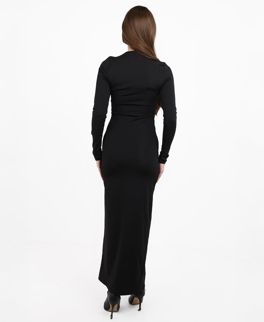 Black dress with almond-shaped keyhole neckline