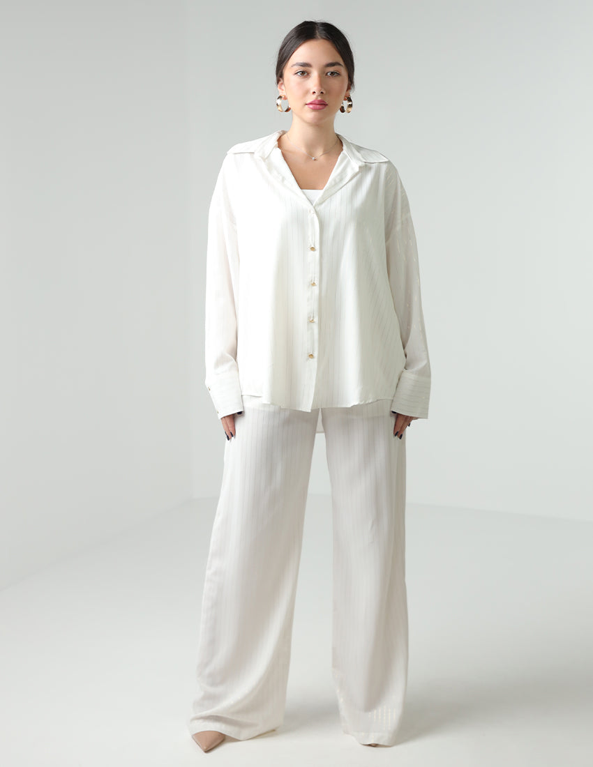 White and gold striped shirt and pants set