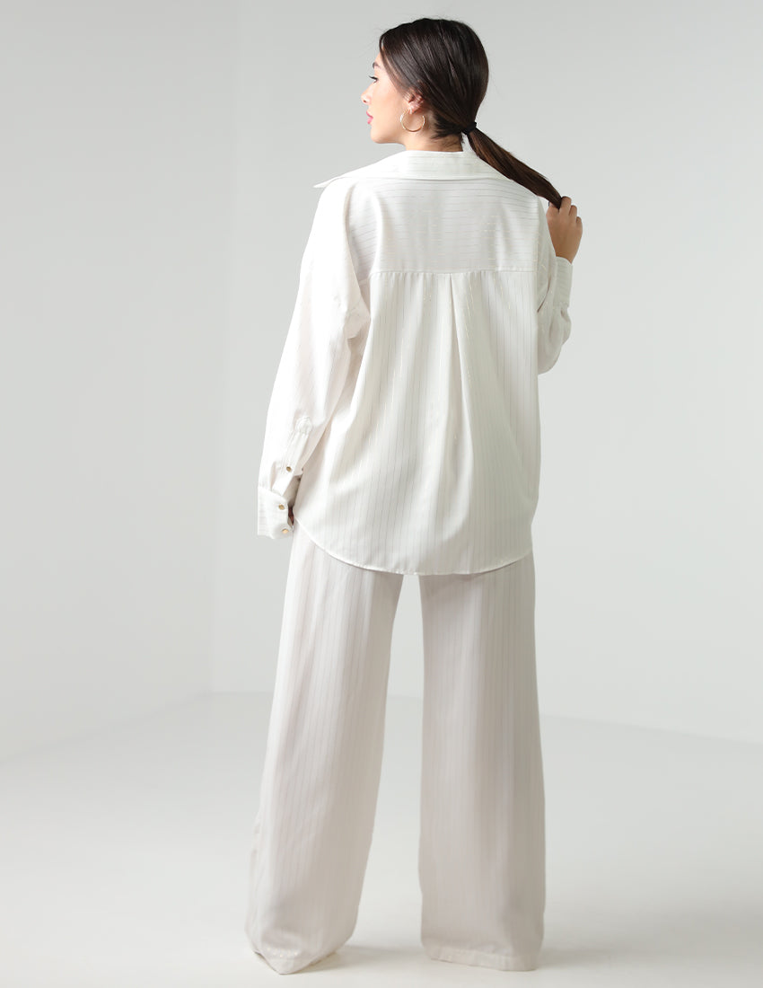 White and gold striped shirt and pants set