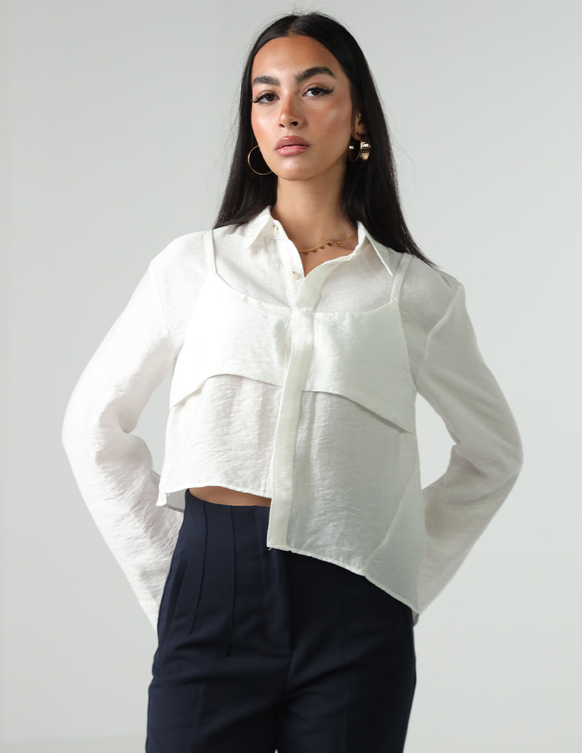 Cropped Satin Shirt with Tank Top