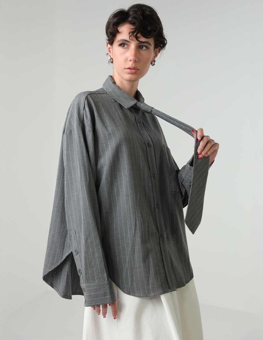Oversized striped gray shirt with tie