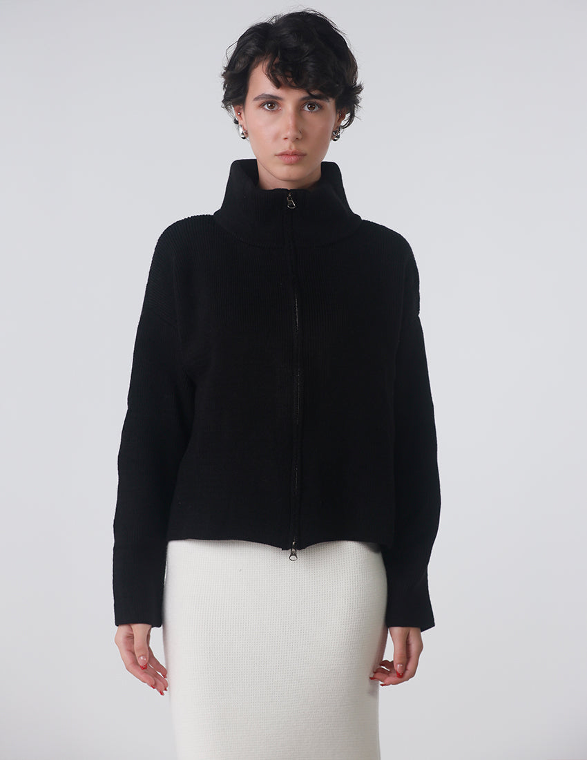 Black high-collar wool jacket