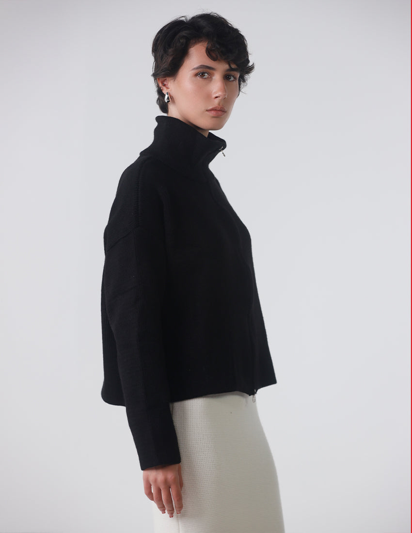 Black high-collar wool jacket