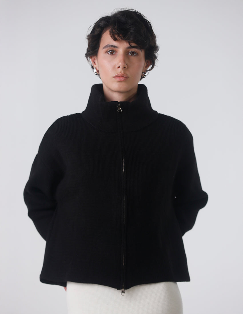 Black high-collar wool jacket