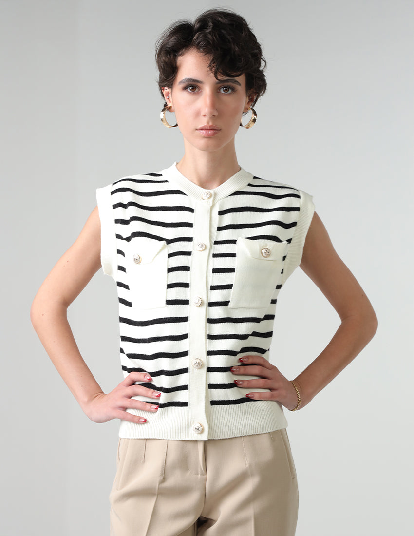 Striped Tricot Vest with Gold Buttons