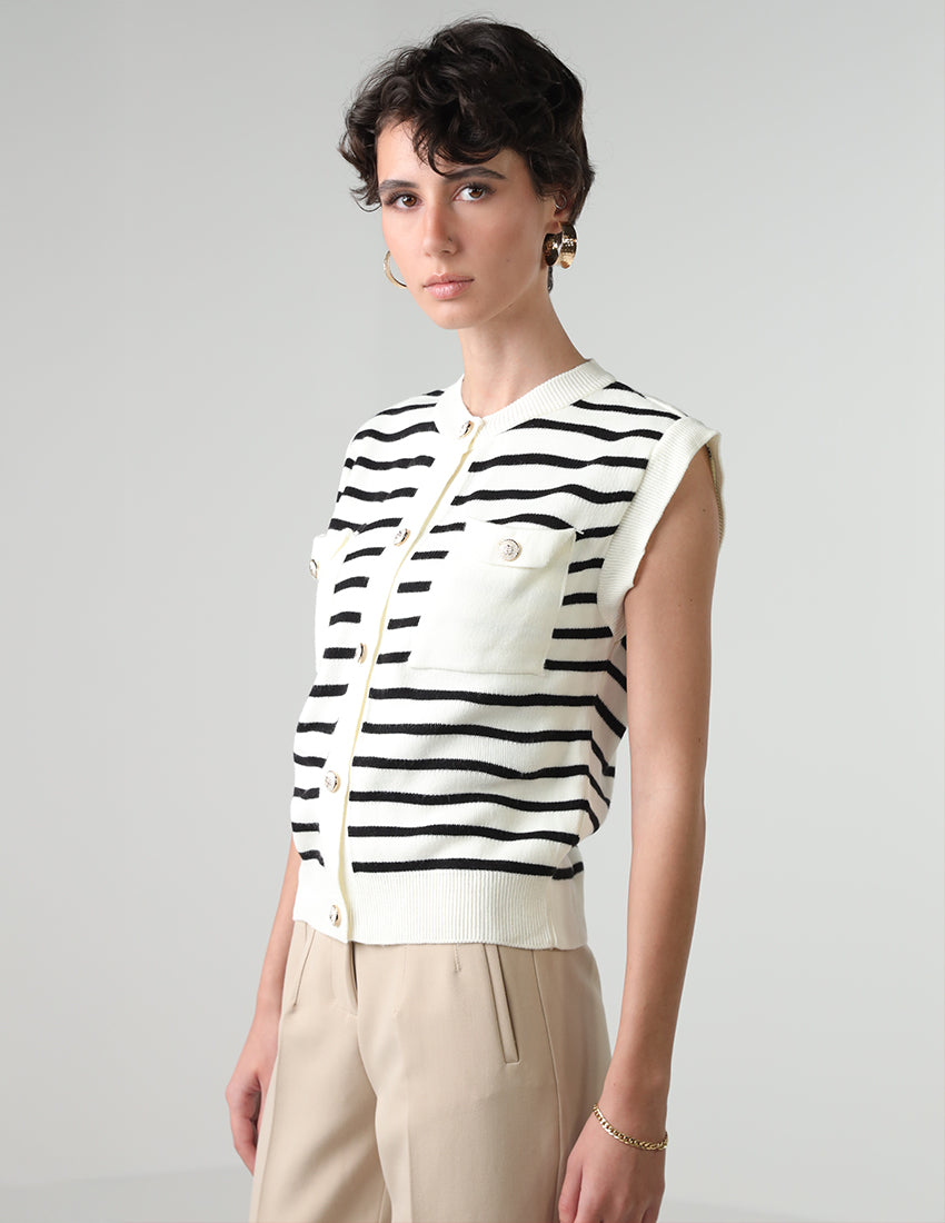 Striped Tricot Vest with Gold Buttons