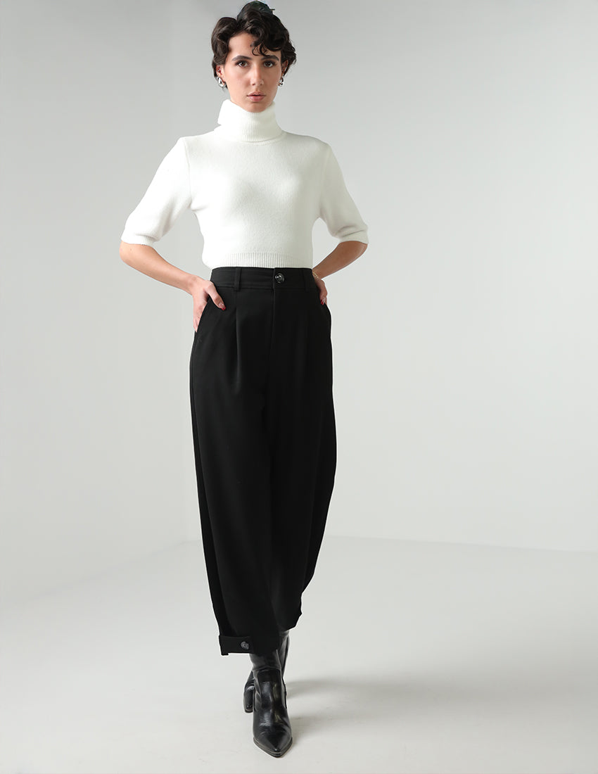 Baggy Buttoned-Leg Fabric Pants