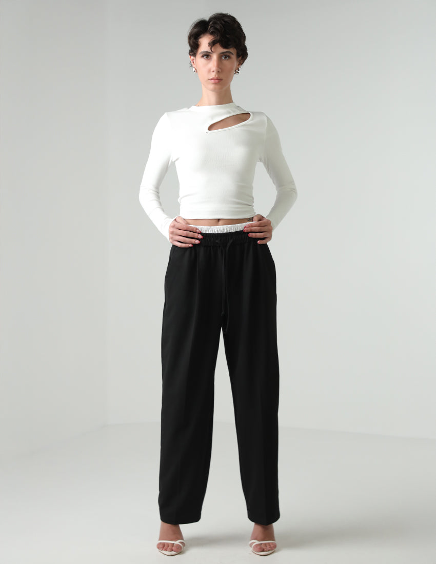 Black straight-cut pants with a white elastic waistband