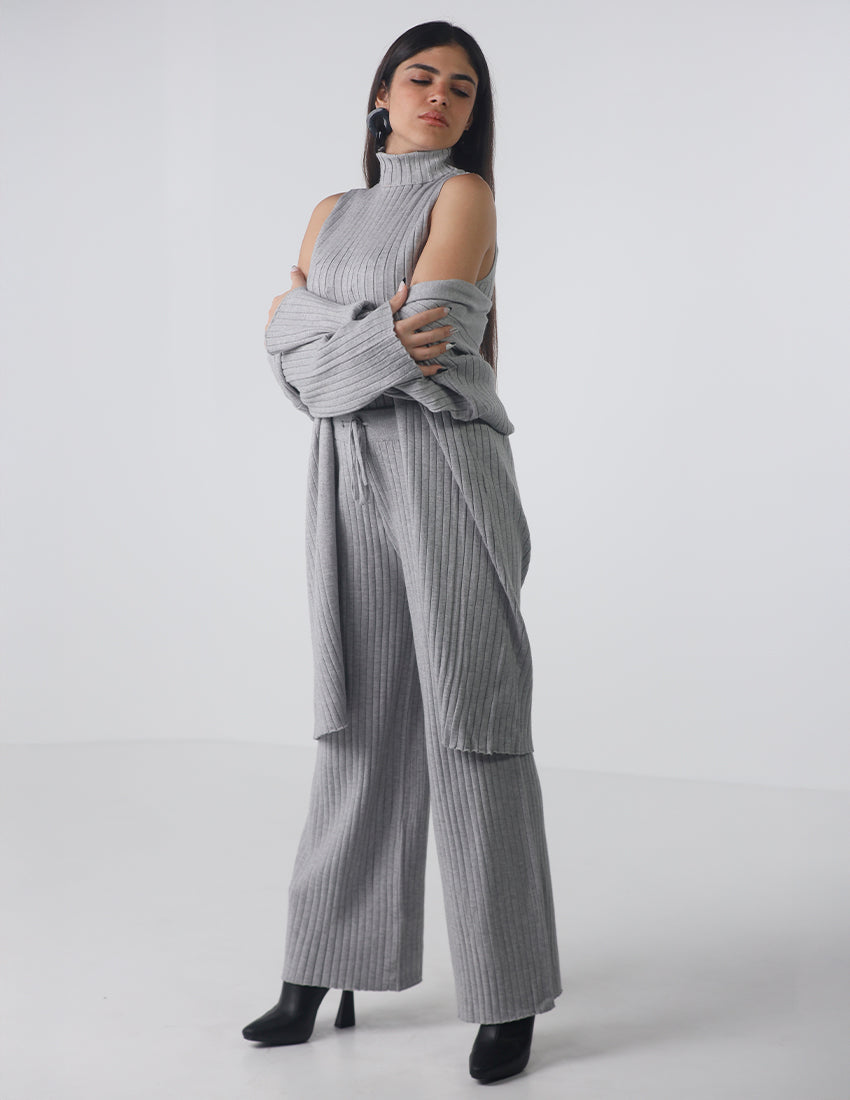 Sleeveless High-Neck Top, Long Cardigan, and Pants Striped Knit Set