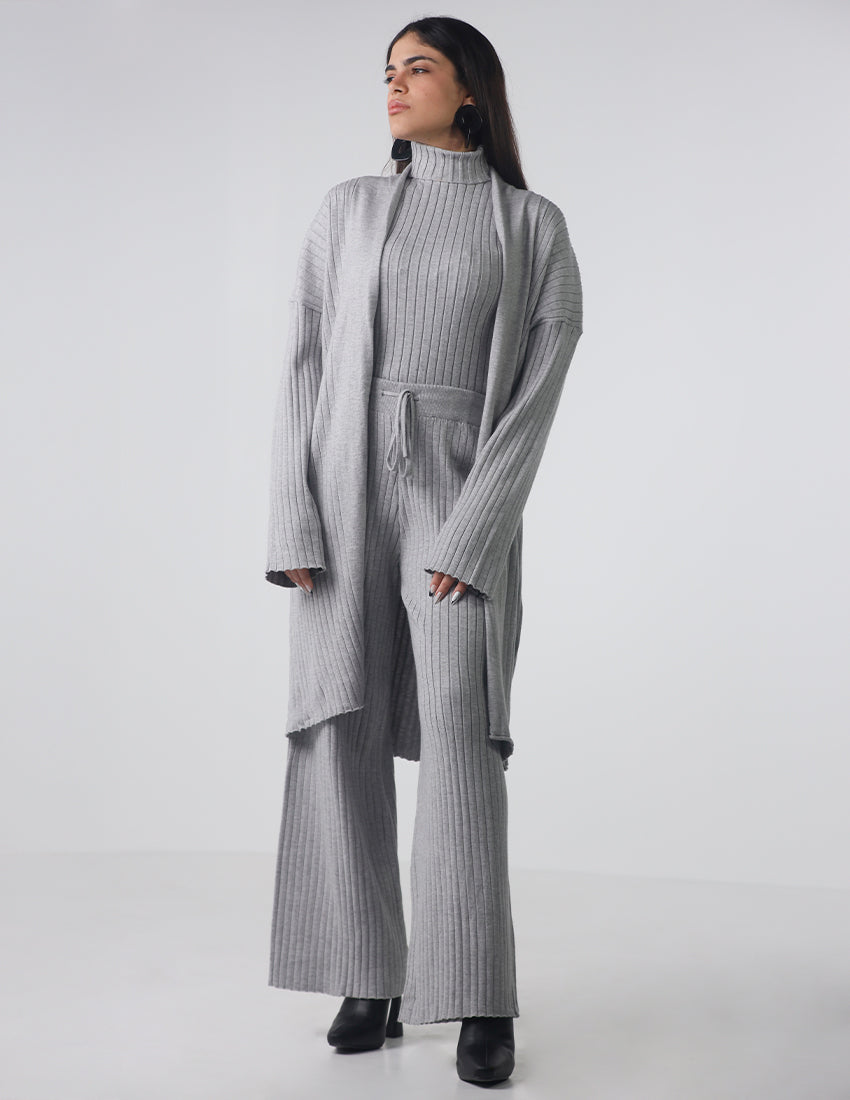Sleeveless High-Neck Top, Long Cardigan, and Pants Striped Knit Set