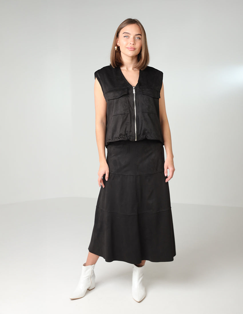 Two-Piece Set: Zipper Vest with Patch Pockets and Long Skirt-Black