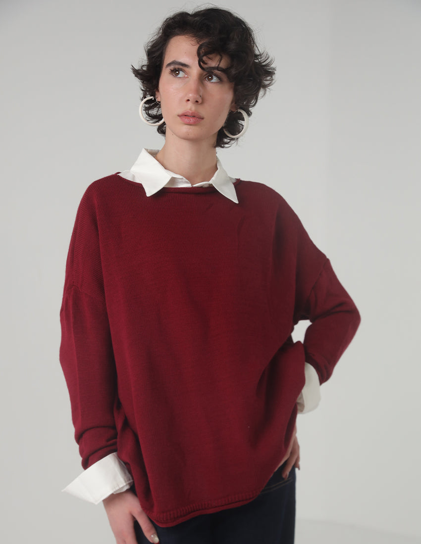 Oversized Perforated Tricot Blouse with Boat Neck