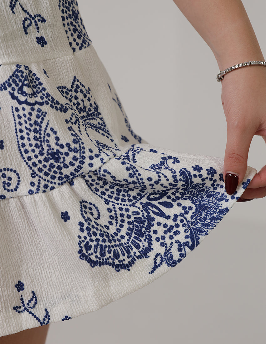 Printed Tiered Mini Skirt - White & Blue