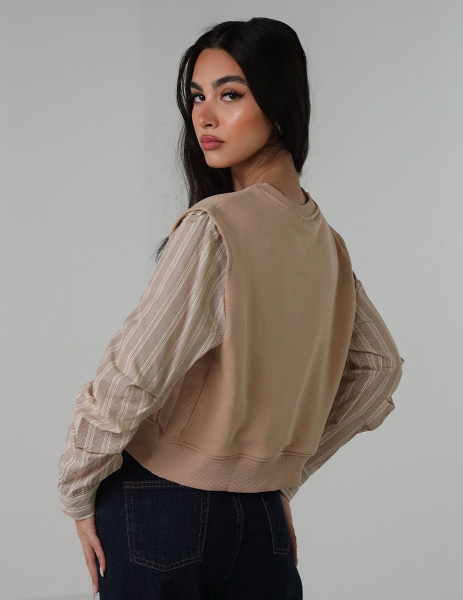 Cropped Sweatshirt With Shirt Striped Sleeves
