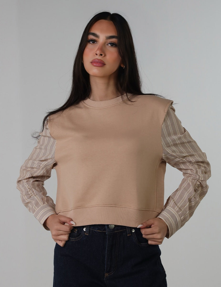 Cropped Sweatshirt With Shirt Striped Sleeves