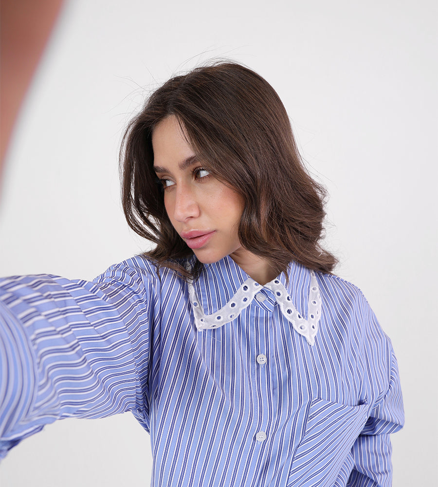 Striped shirt with lace collar