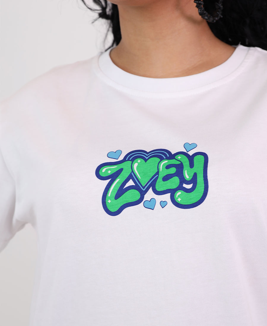 T-shirt with an anime drawing on the back and the words "ZOEY"