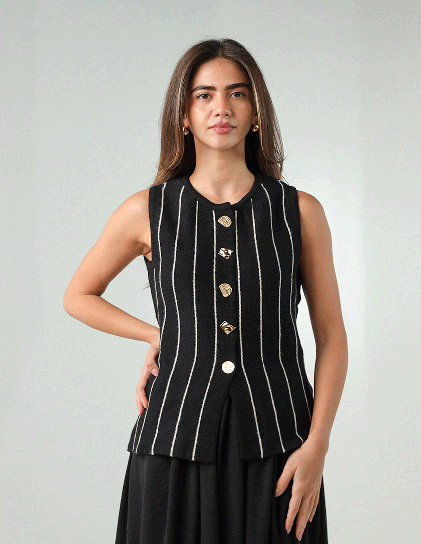 Striped wool vest with gold buttons