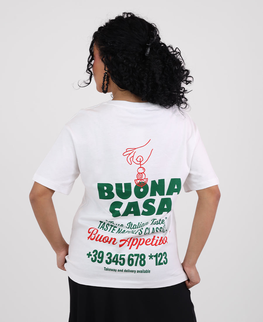 "BUONA CASA" oversized t-shirt with printed words on the front and back