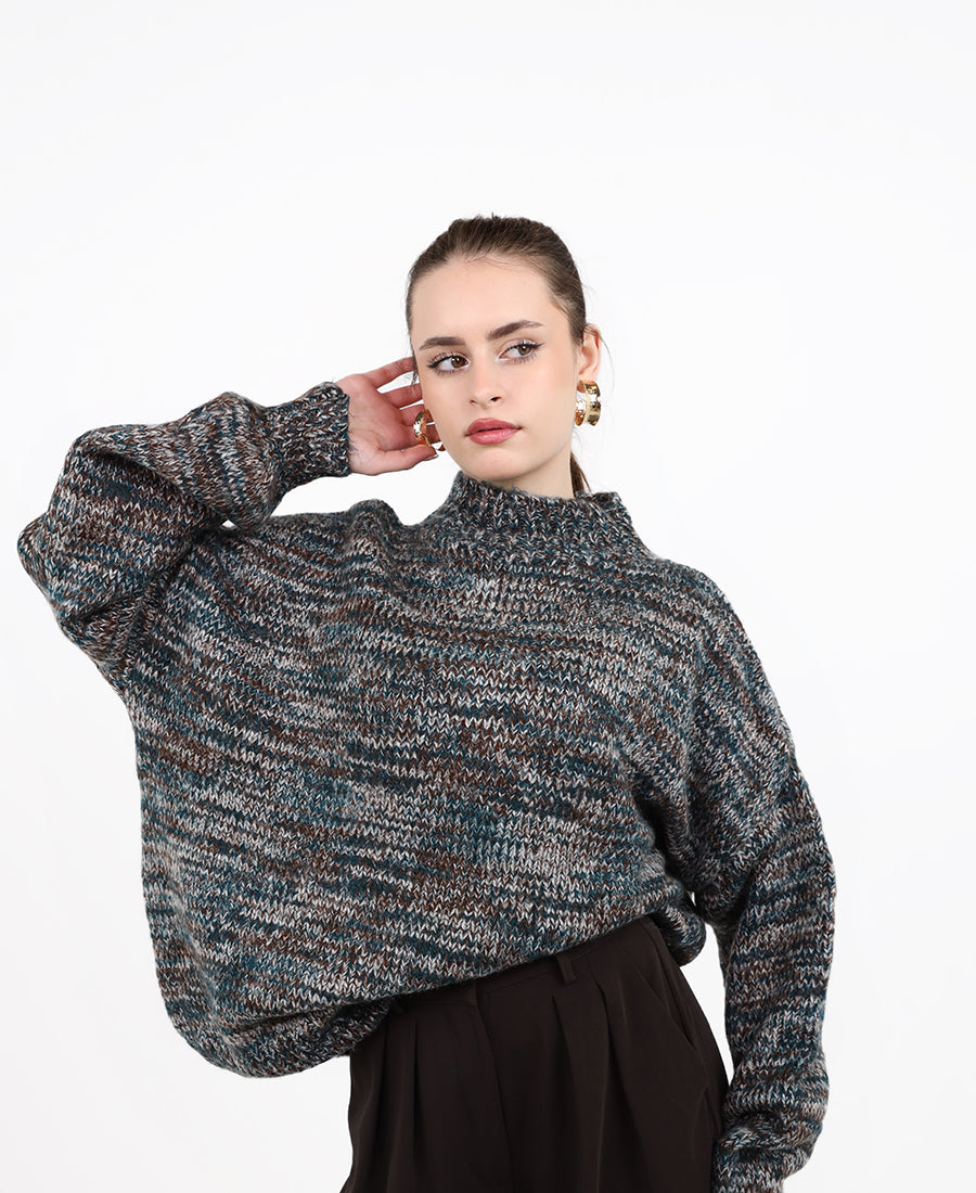 Mock-neck marl knit sweater