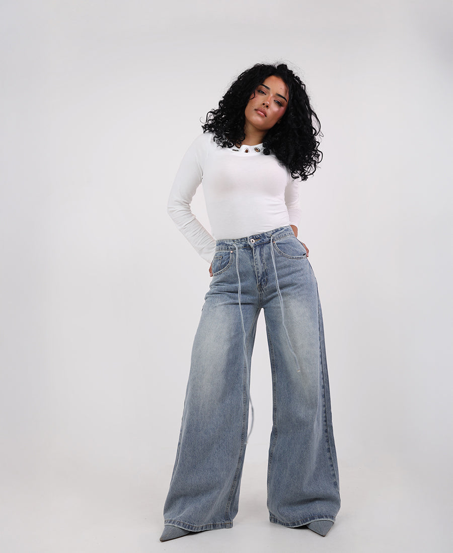 Wide Leg Jeans Tie Waist
