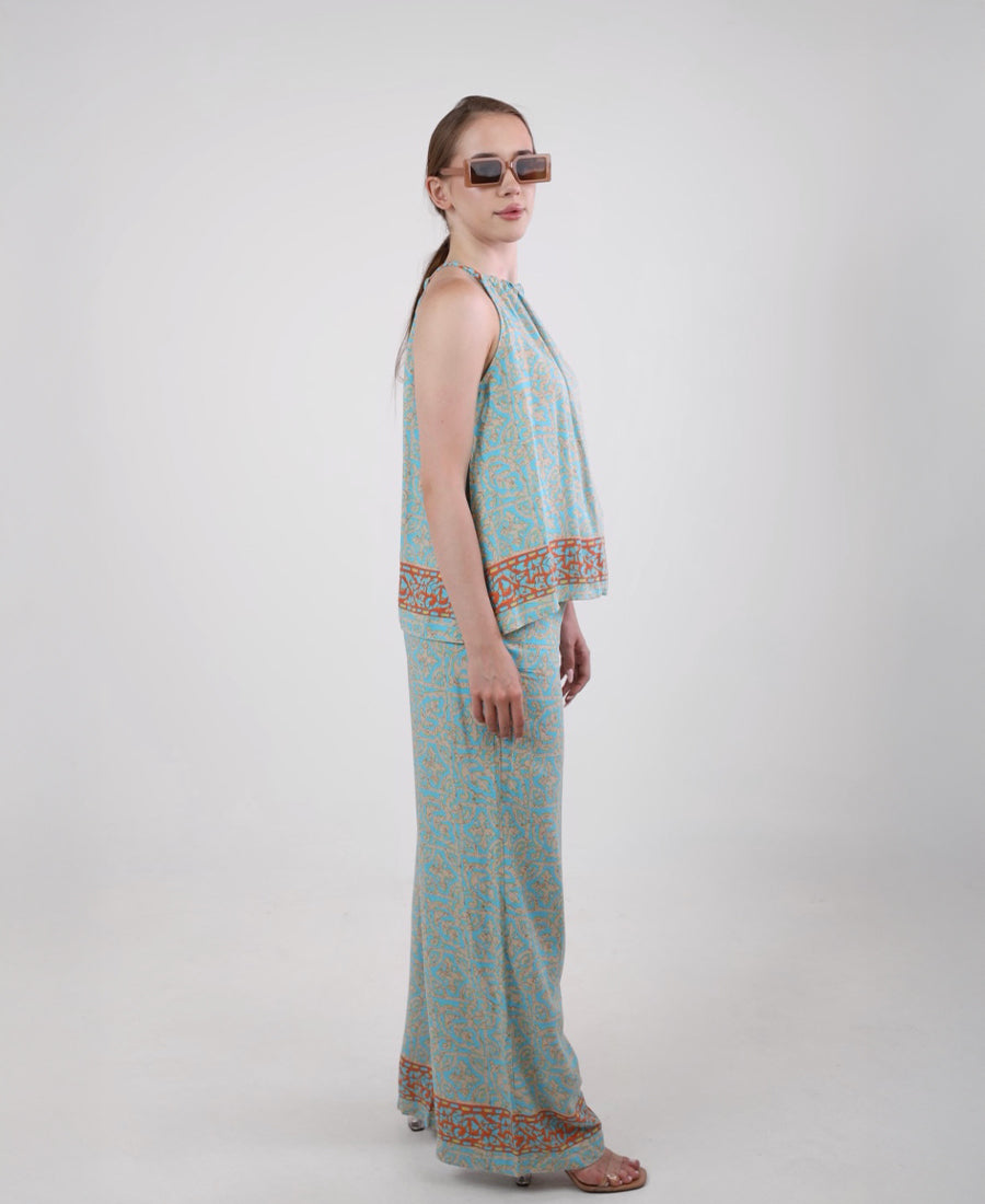 Turquoise-orange set, drilled top with wide trousers