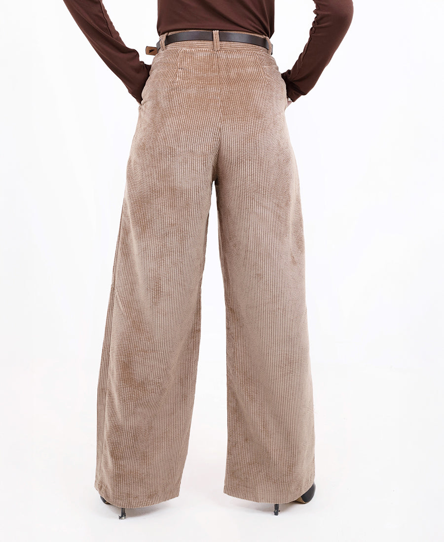 Beige ribbed trousers with a belted waist