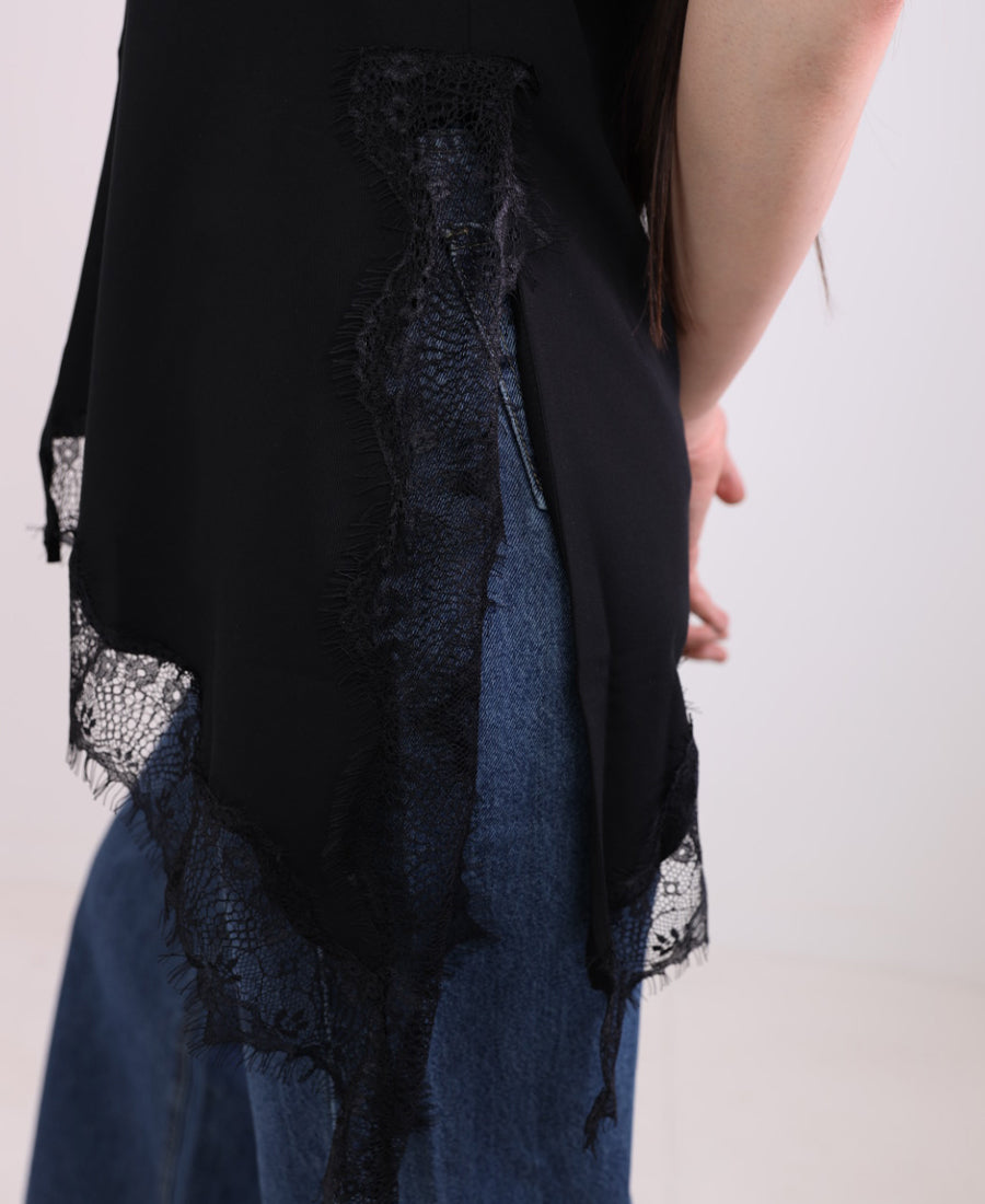 Vest black long waist lace