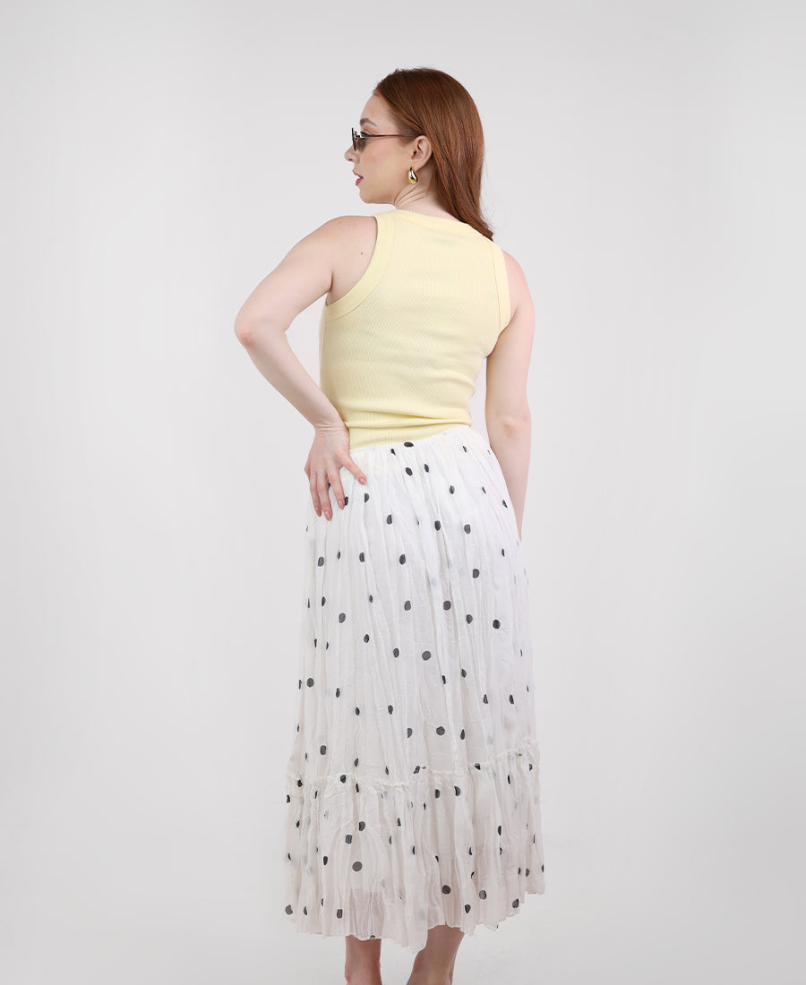 Long pleated chiffon polka dot skirt