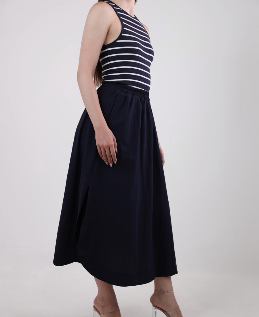 Long sleeveless dress navy blue striped at the top