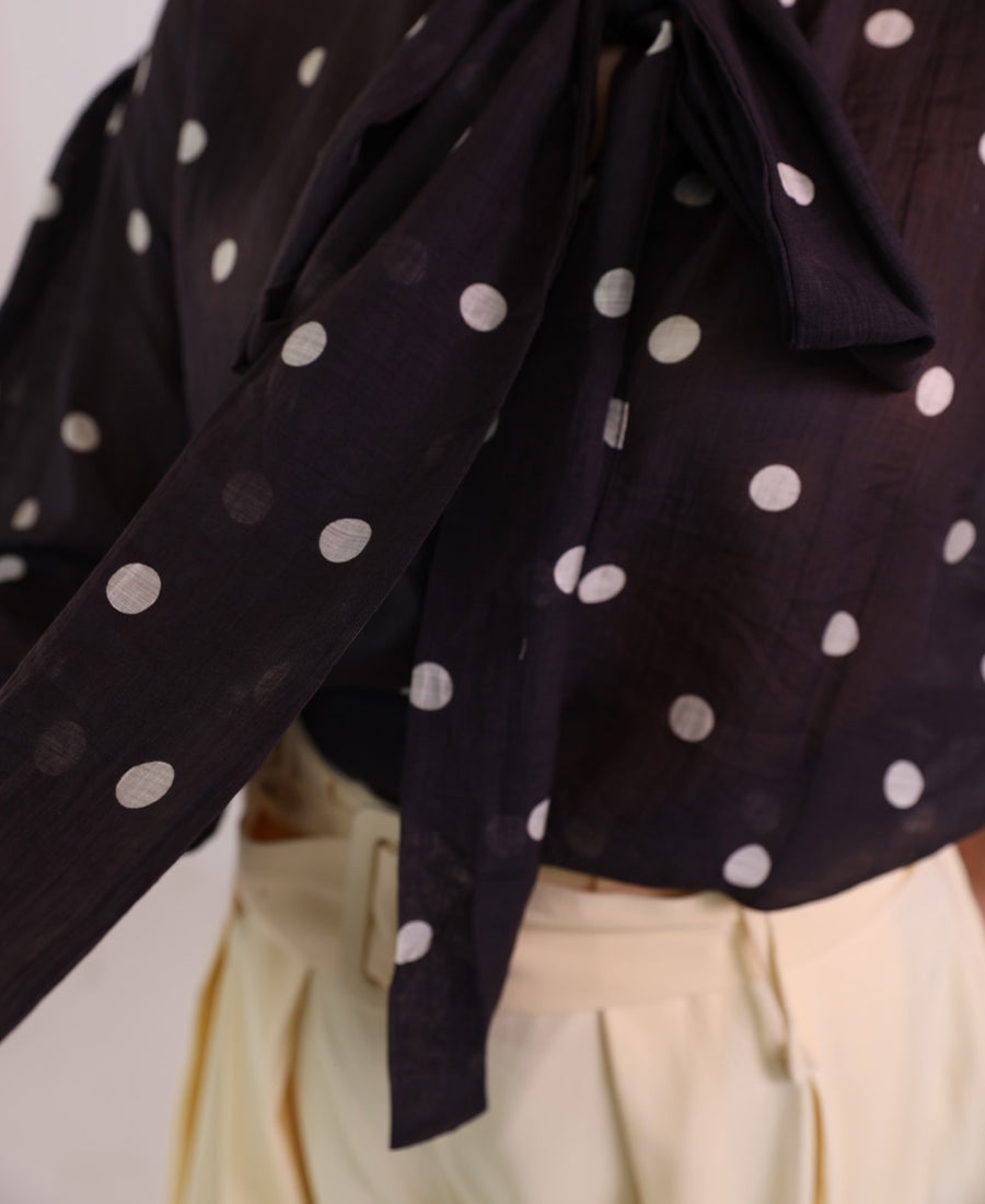 Brown Polkadots Tie Neck Blouse
