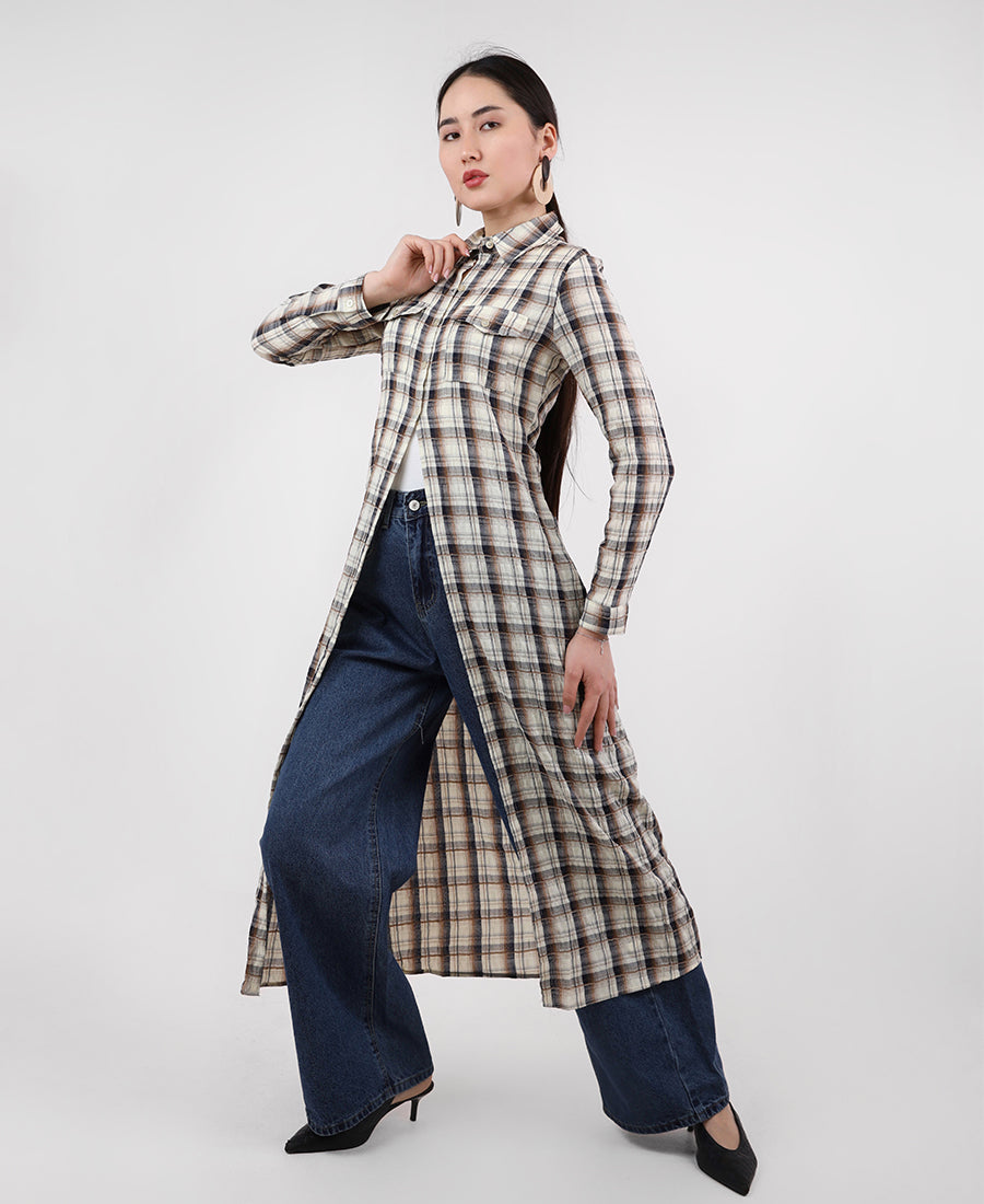 Long shirt dress with a checkered print, off-white