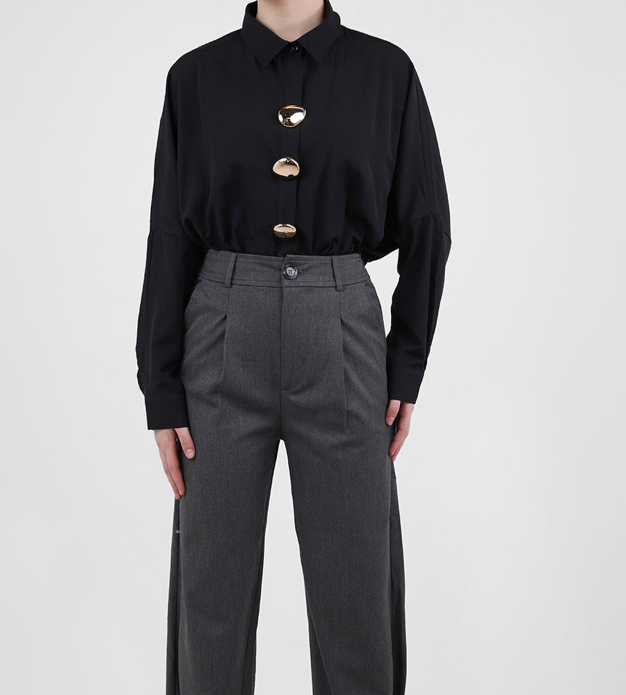 Oversized oval gold button-down shirt