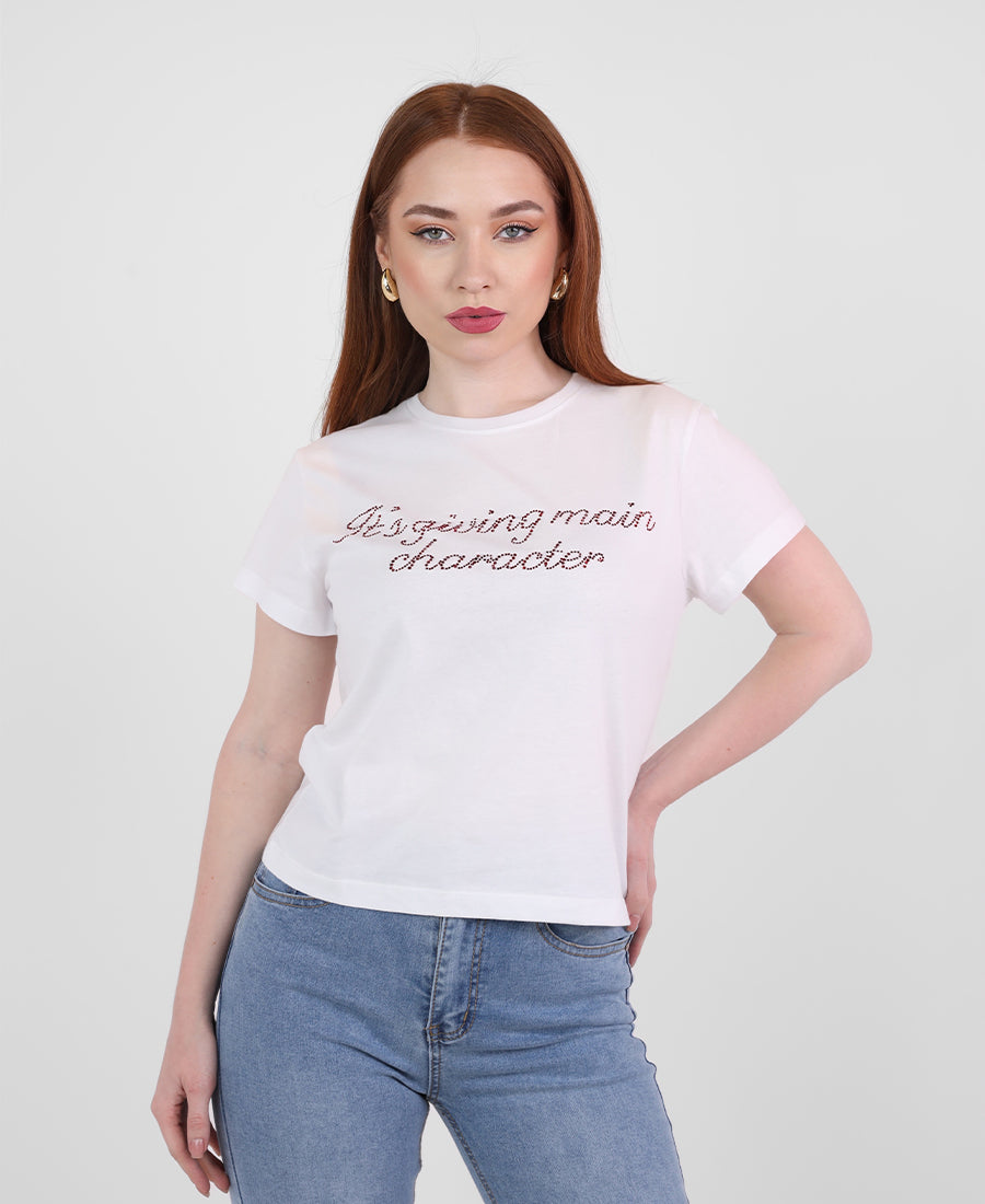 White T-shirt with red rhinestone writing