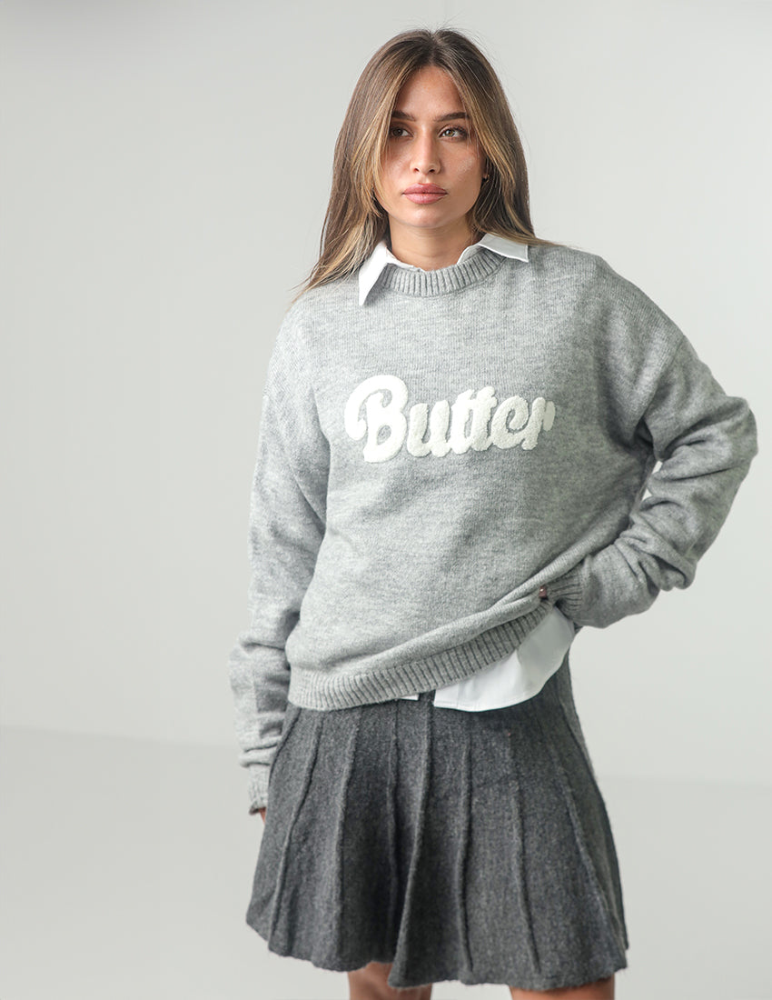 Oversized Cotton Sweater with "BUTTER" Embroidered Print