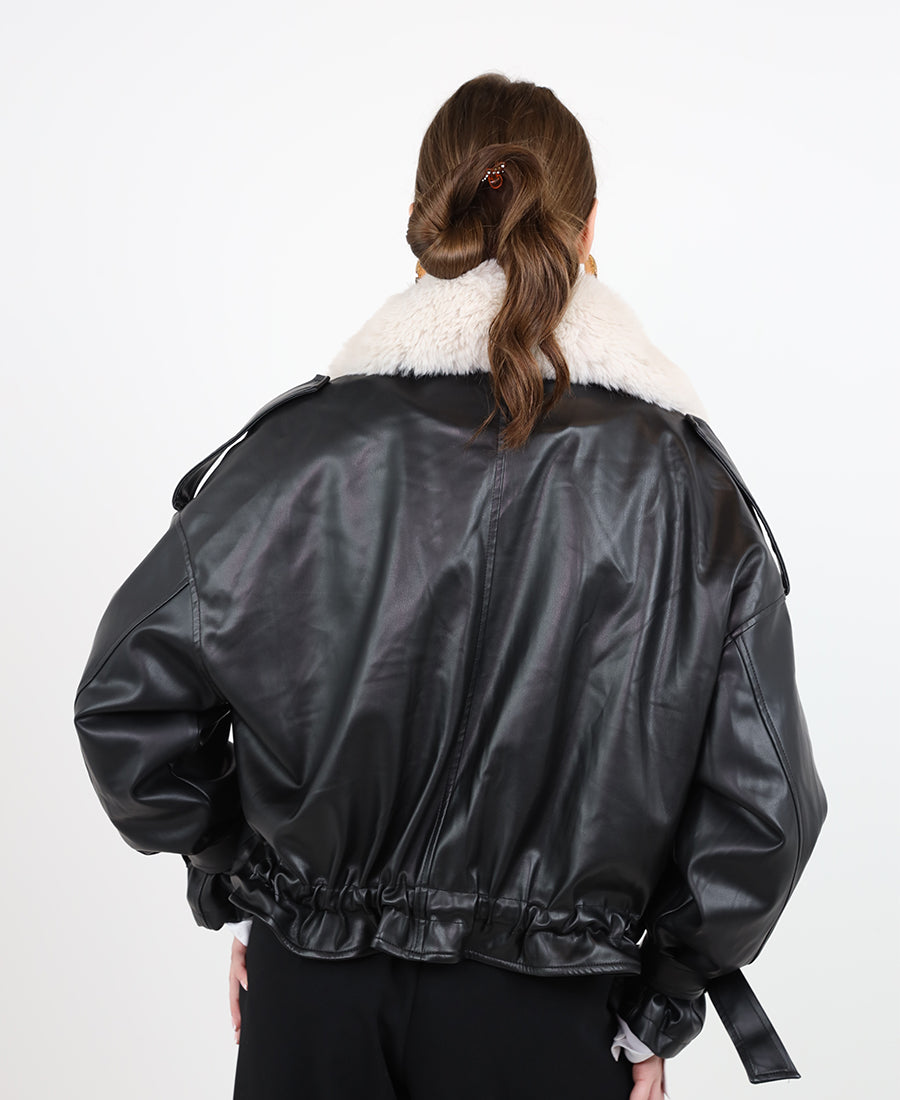 Black leather jacket with white fur