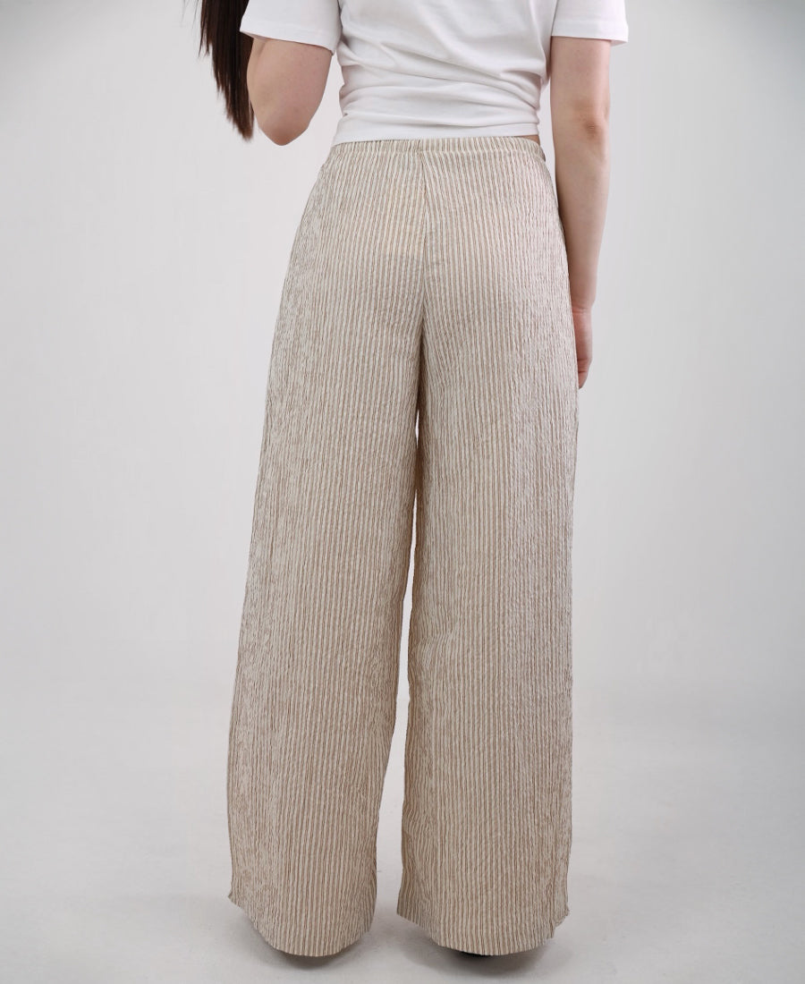 Wide leg pants with elastic waistband, striped beige and off-white