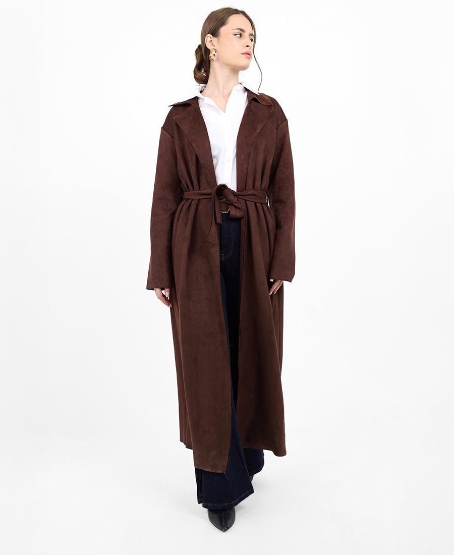 Long suede jacket with waist tie