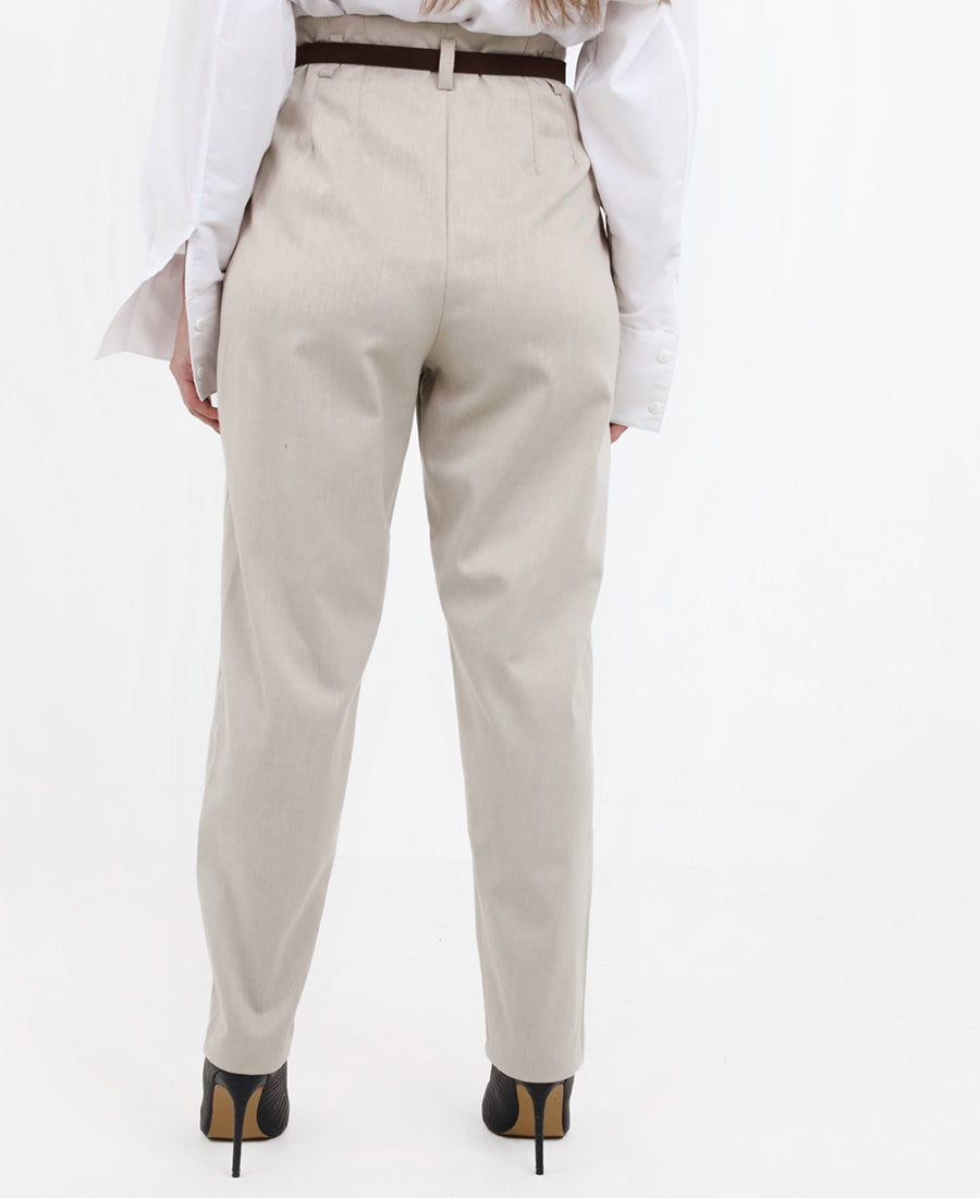 pleated trousers with a brown belt