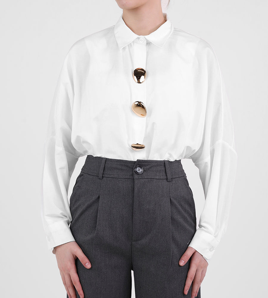 Oversized oval gold button-down shirt