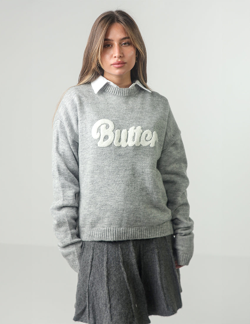 Oversized Cotton Sweater with "BUTTER" Embroidered Print