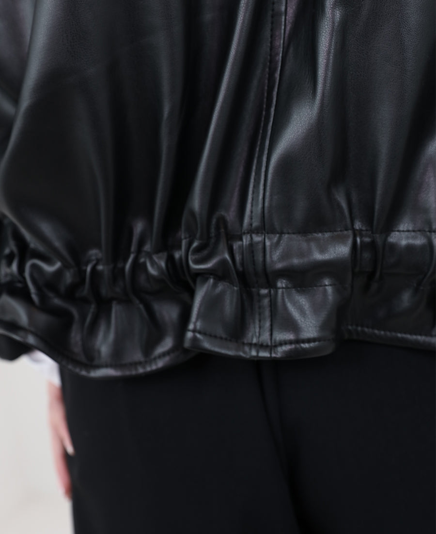 Black leather jacket with white fur