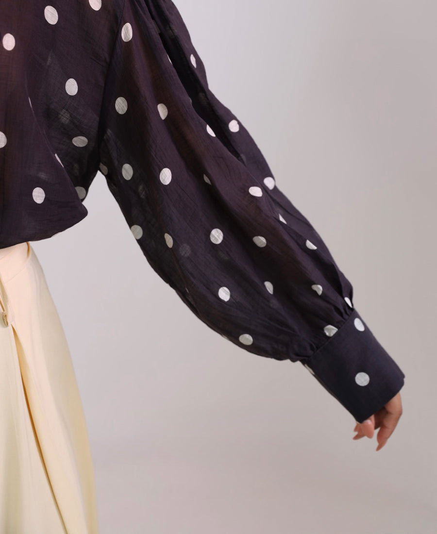 Brown Polkadots Tie Neck Blouse