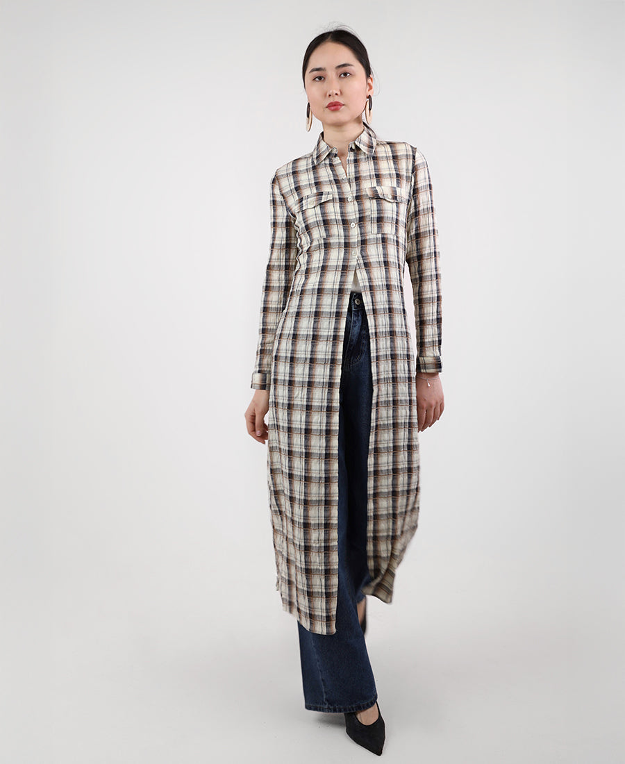 Long shirt dress with a checkered print, off-white