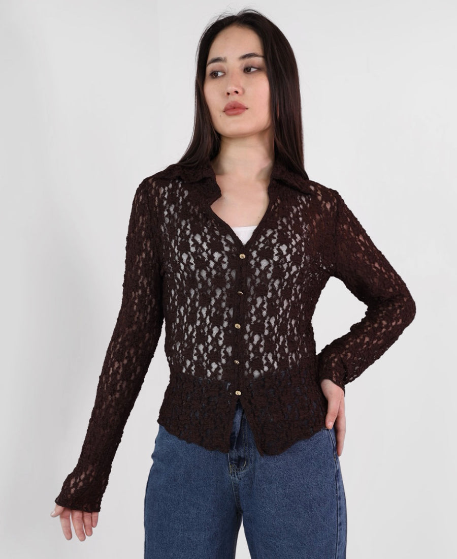 Brown lace button up blouse