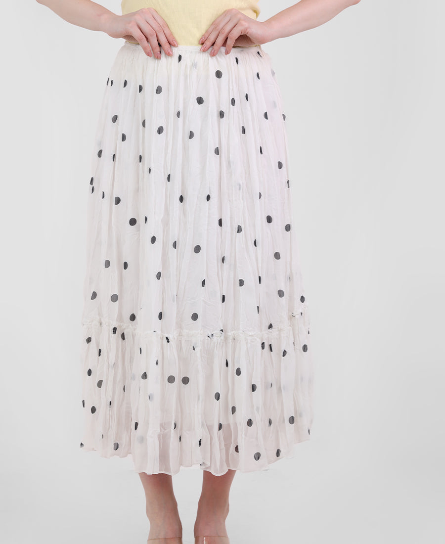 Long pleated chiffon polka dot skirt